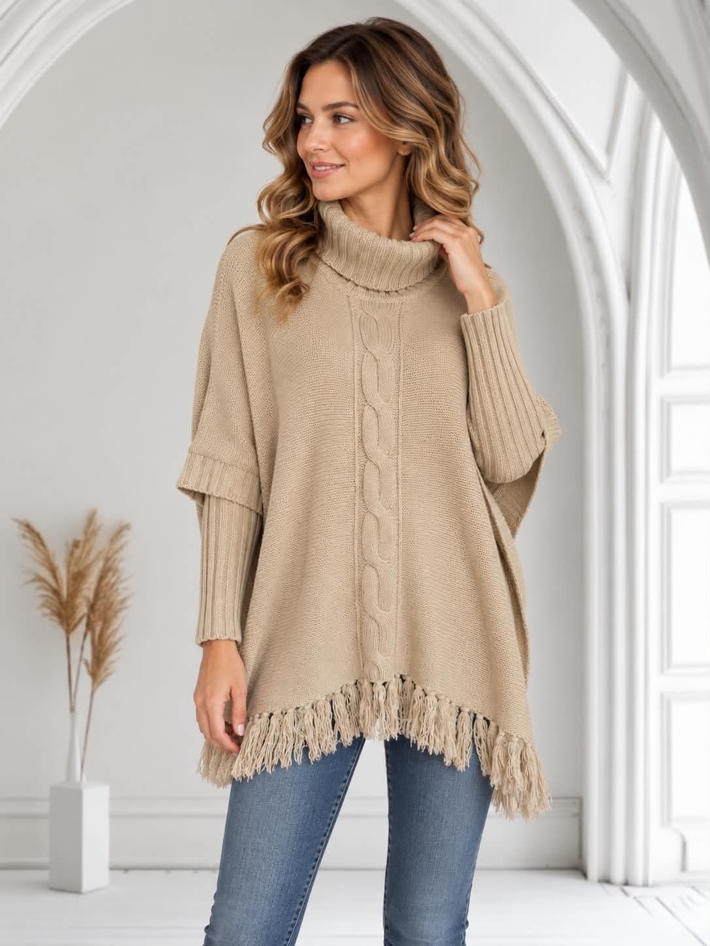 Beige Cable-Knit Turtleneck Poncho Sweater with Fringe